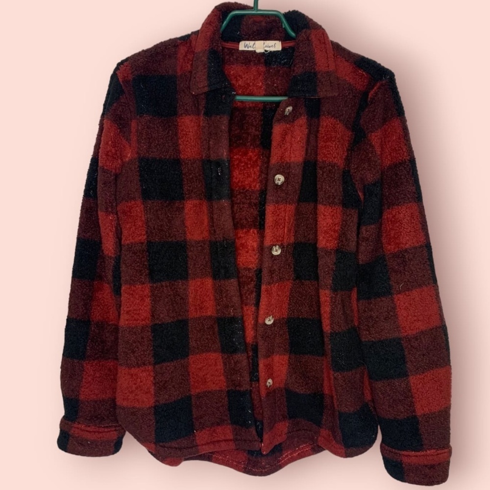 Wallflower  Buffalo Plaid Sherpa Shacket, Size M